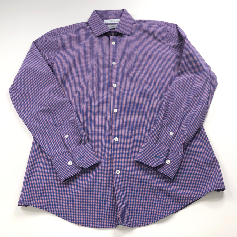 Mizzen+Main Trim Fit Large 17.5/36.5 Polyester Gingham Dress Shirt Purple MINT
